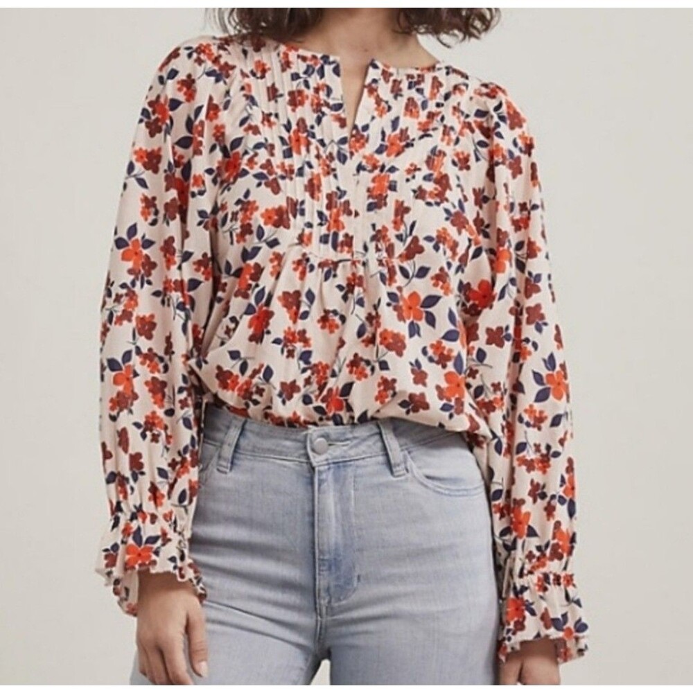 Elizabeth and James Floral Pintuck Cotton Blouse Orange Navy Cream‎ Small